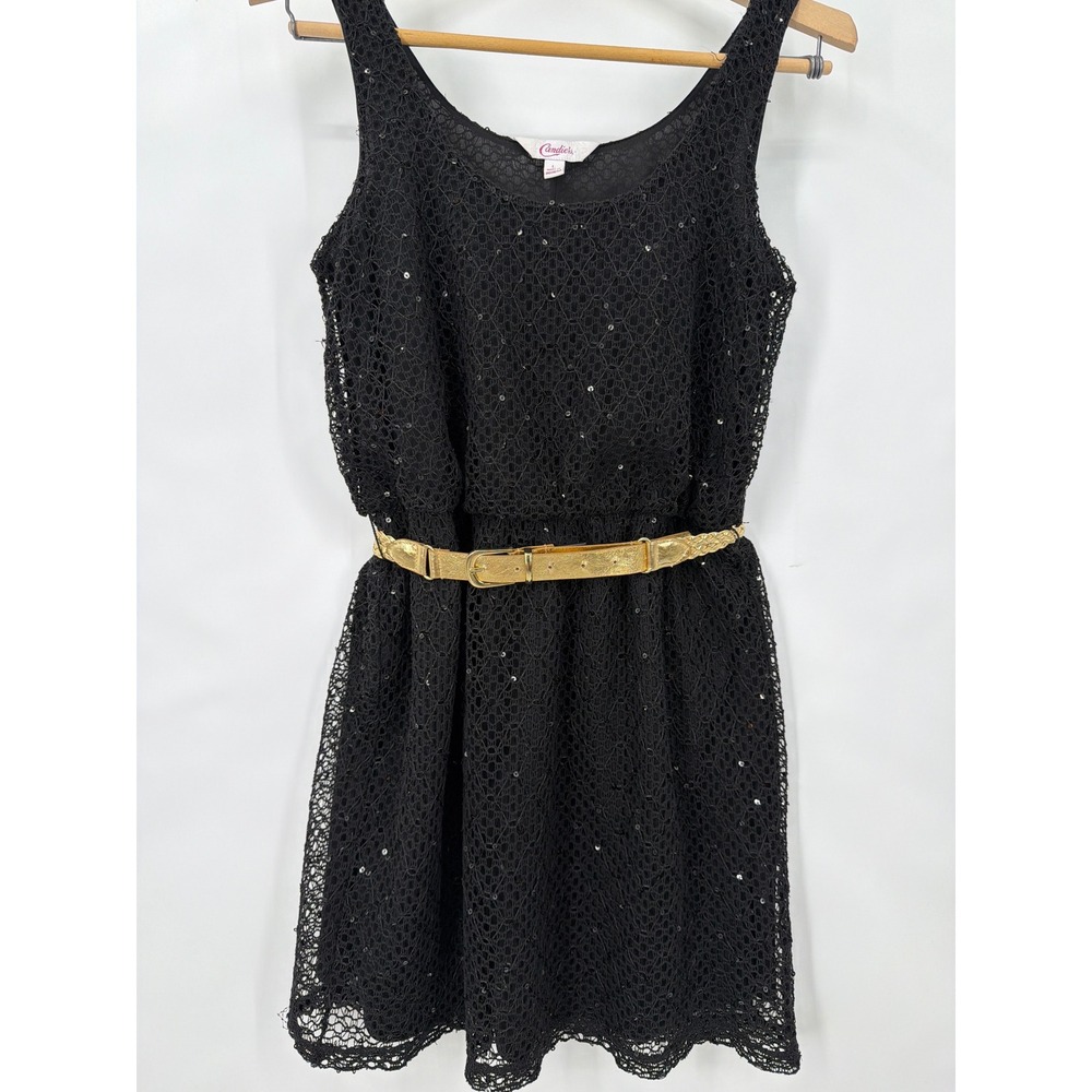 Black Lace Sequin Mini Dress Large Gold Belt Sleeveless Festival Coachella